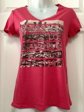 GUESS Pink V-Neck Los Angeles Graphic Tee with Stud Accents